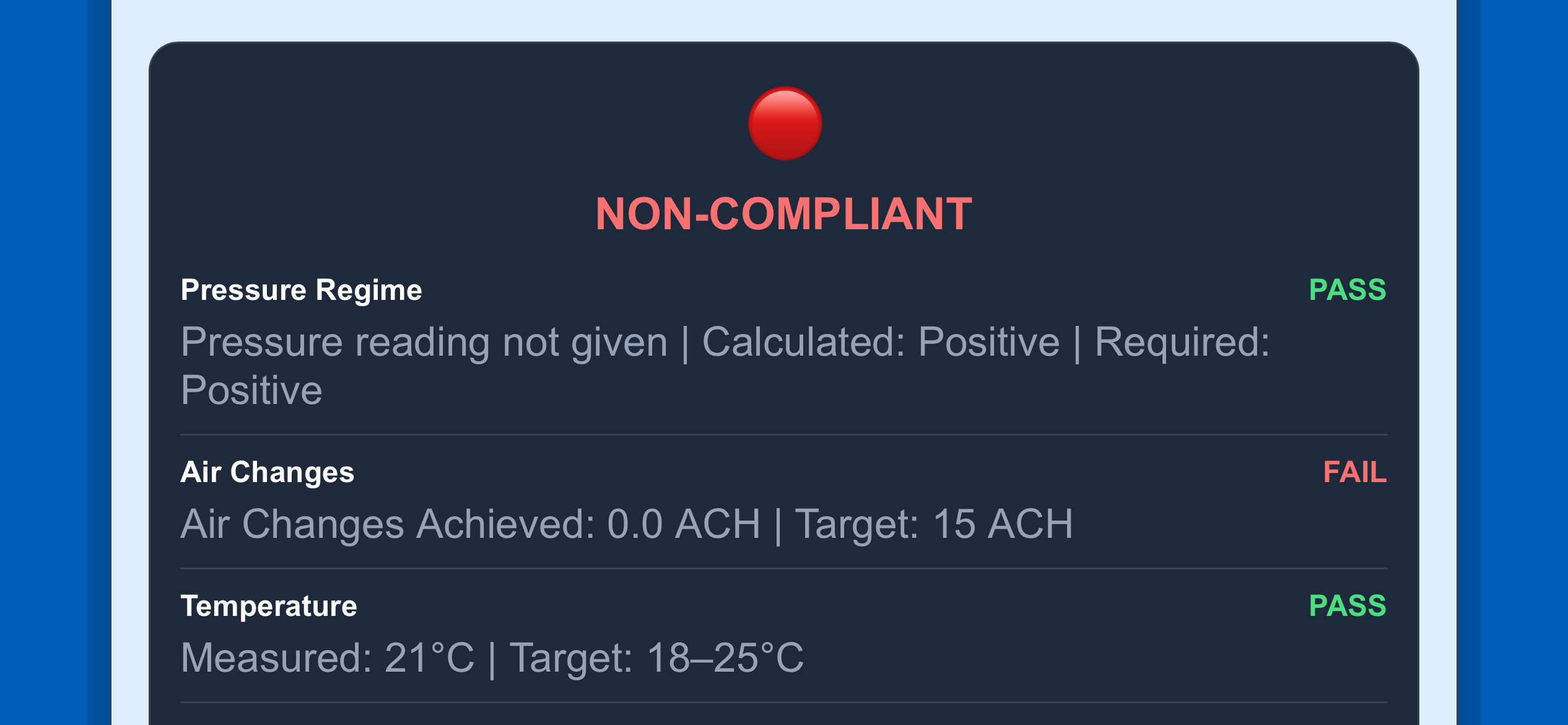 AHU Aid compliance assessment screen showing non-compliant status with pressure regime, air changes and temperature checks